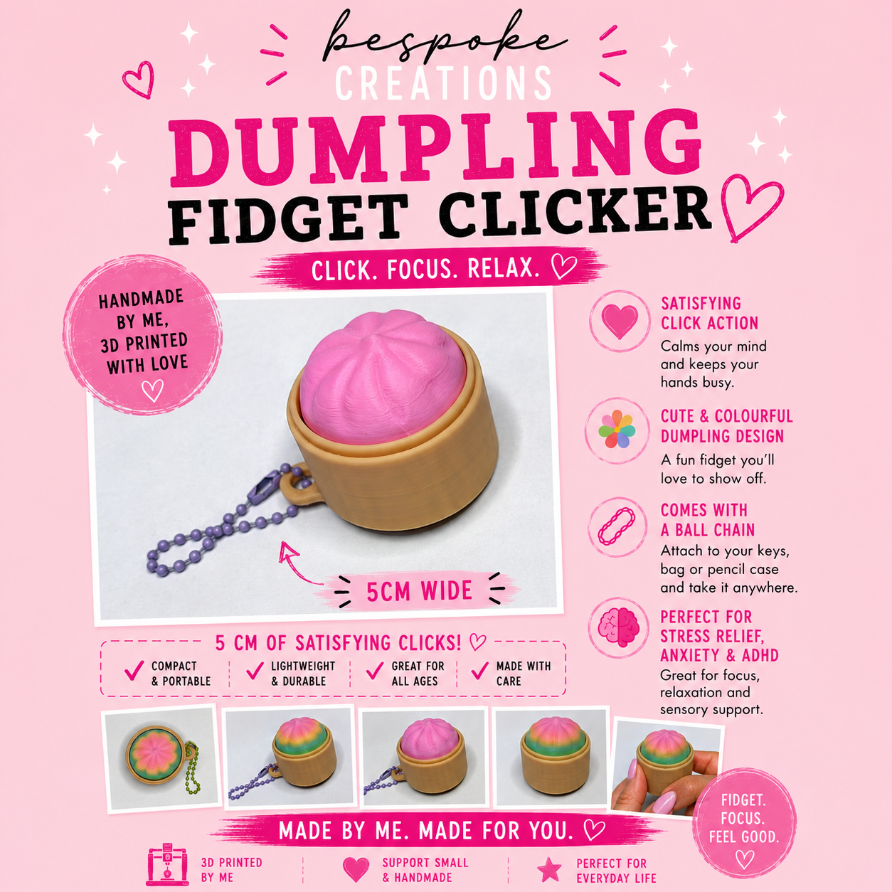 3D Printed Dumpling Fidget Clicker | Sensory Keychain Toy | Anxiety & Stress Relief | ADHD Fidget