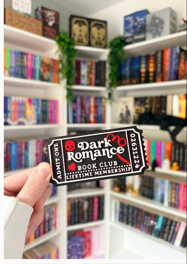 Dark romance bookcase ticket decor:  Dark romance